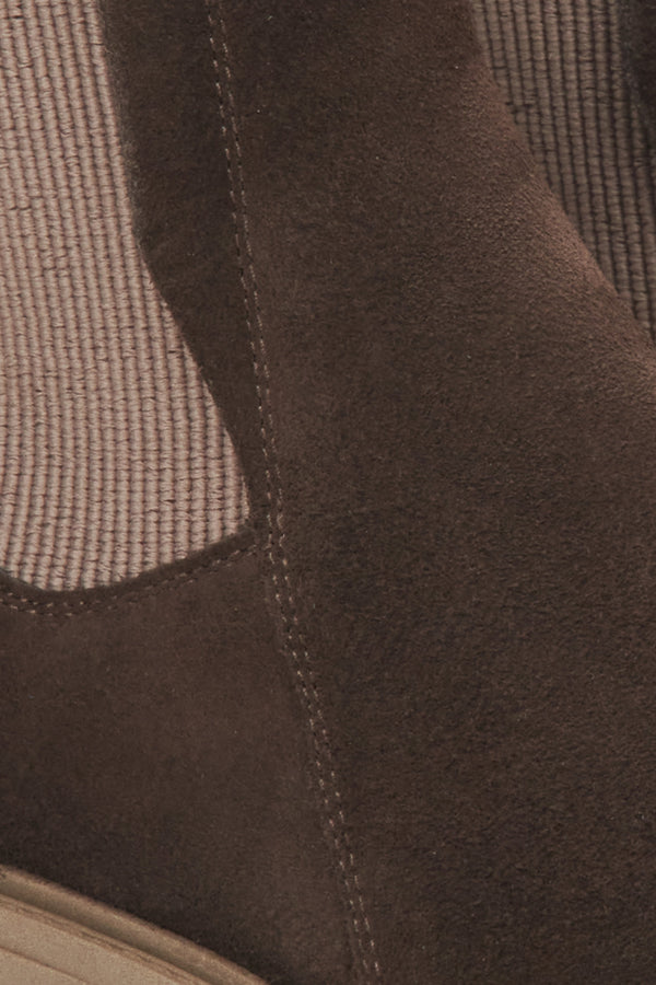 Dark brown velour women's Chelsea boots by Estro - details.