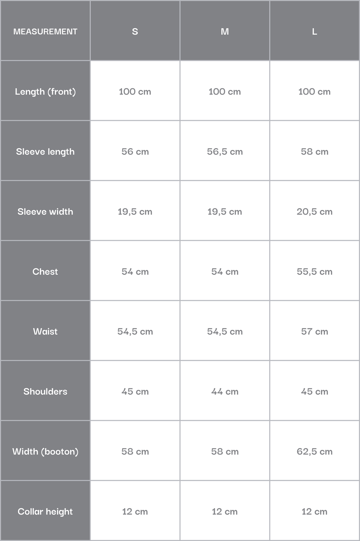 Women’s knee-length winter jacket with goose down filling by Estro — size chart.
