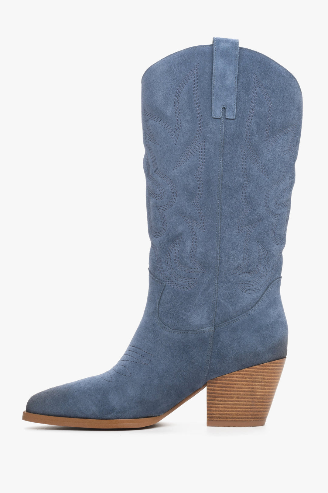 Velour blue women's cowboy boots by Estro - shoe profile.