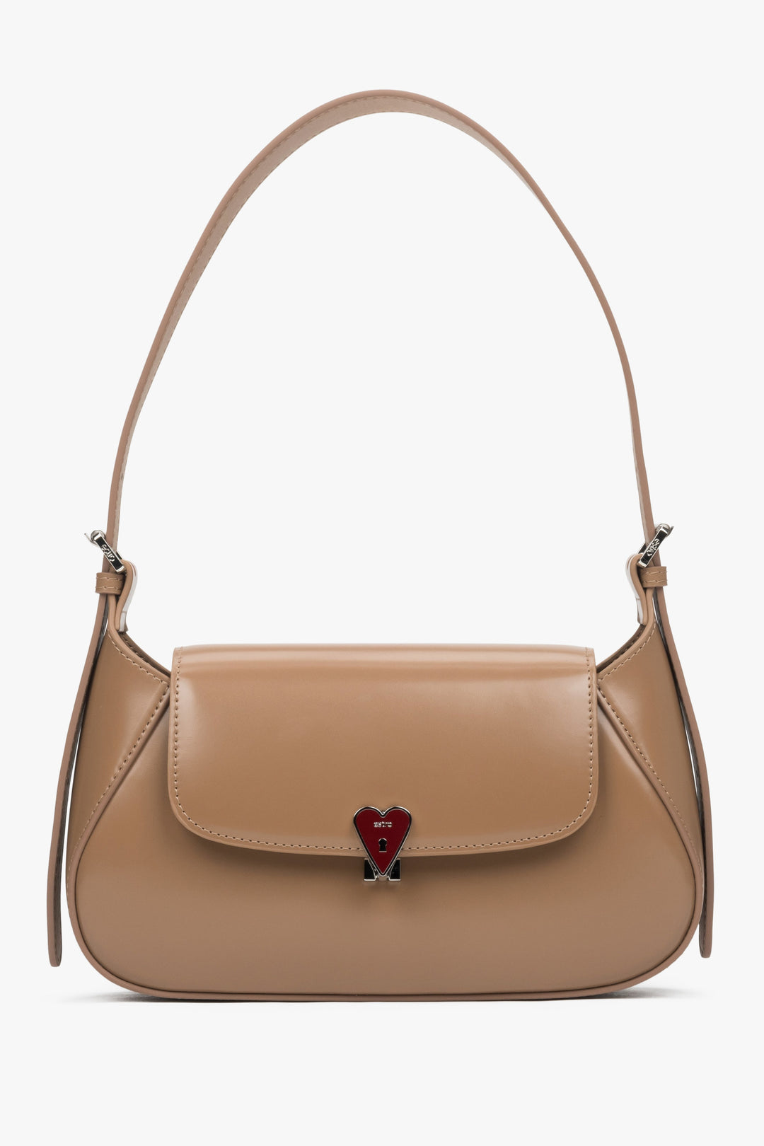 Women's Small Beige Leather Shoulder Bag with Heart-Shaped Pin by Estro