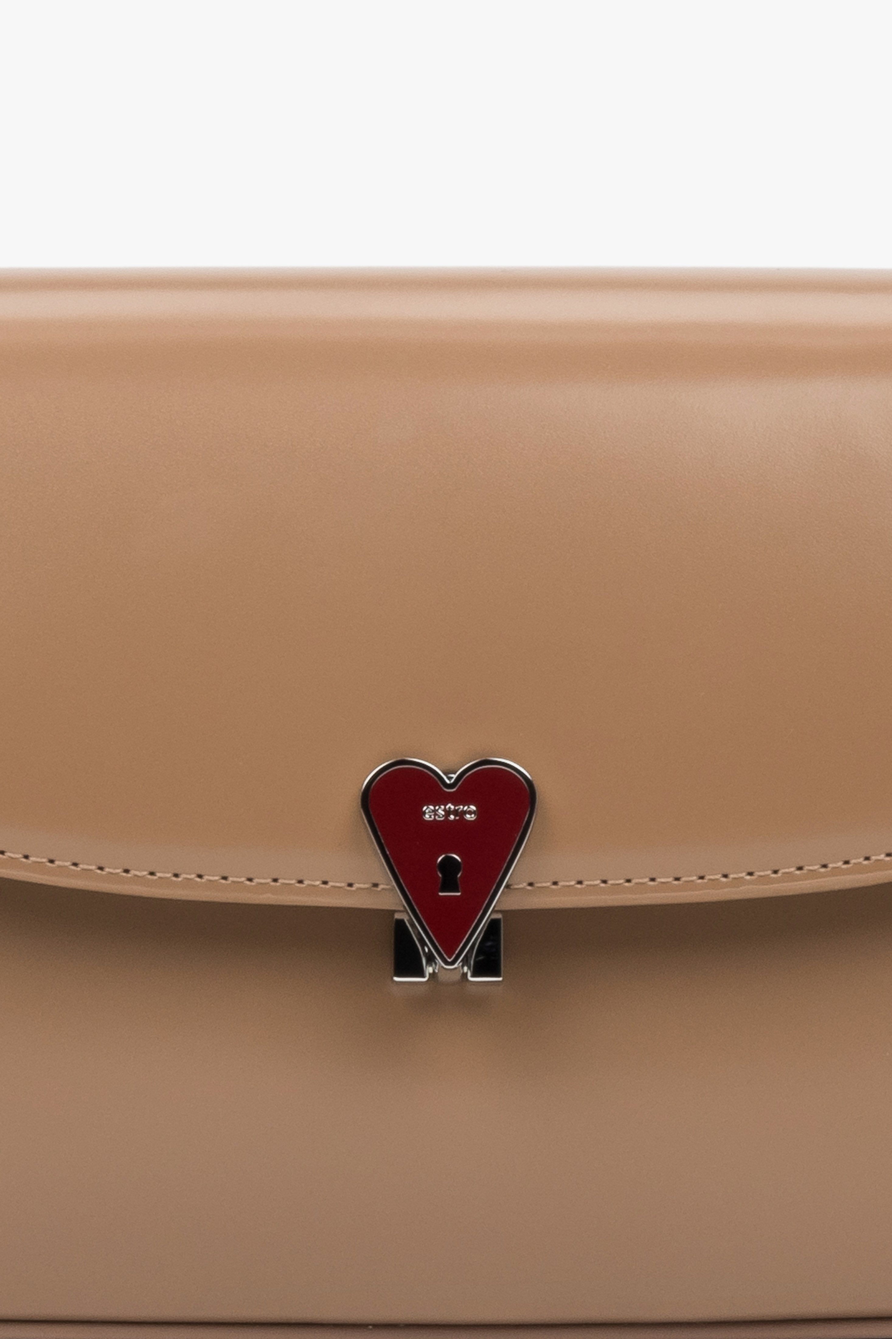 Premium Small Beige Leather Shoulder Bag for Women with Heart Pin by Estro - details.