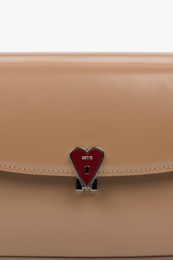 Premium Small Beige Leather Shoulder Bag for Women with Heart Pin by Estro - details.