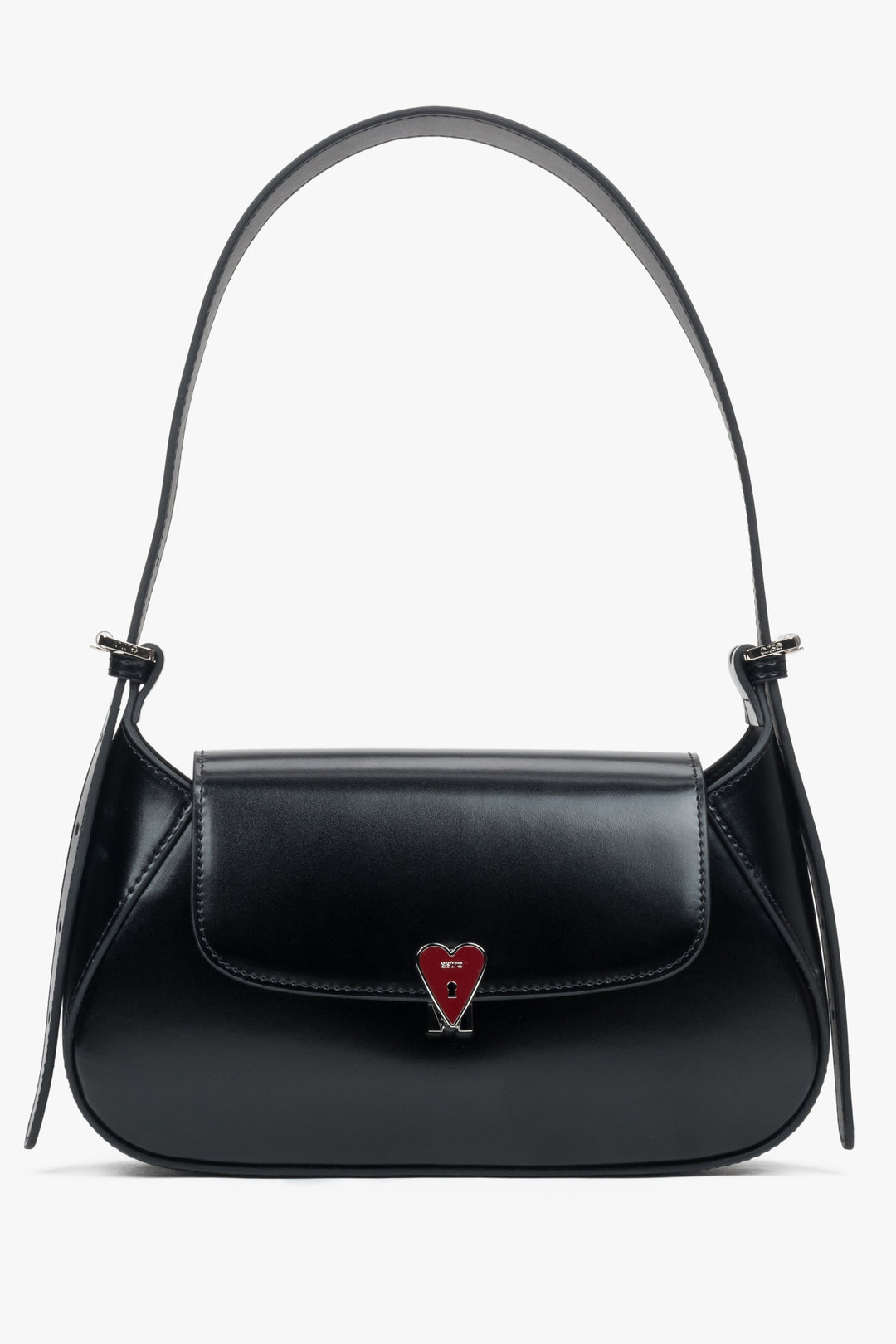 Women's Small Black Leather Shoulder Bag with Heart-Shaped Pin by Estro