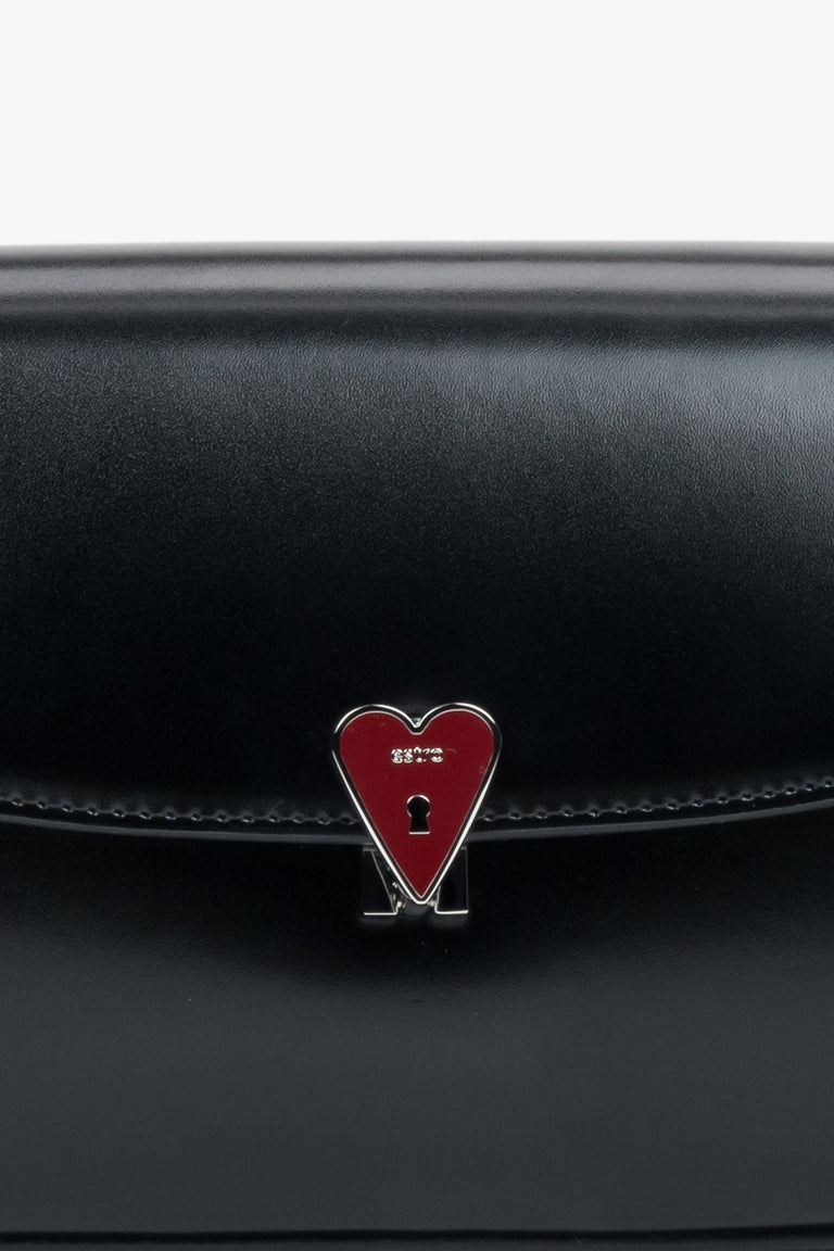 Premium Small Black Leather Shoulder Bag for Women with Heart Pin by Estro - details.