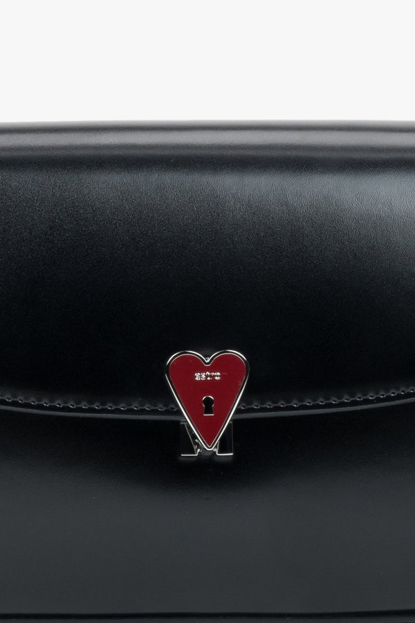 Premium Small Black Leather Shoulder Bag for Women with Heart Pin by Estro - details.