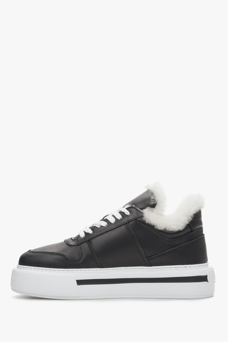 Black, winter women's leather sneakers with insulation by Estro - presentation of shoe profile.