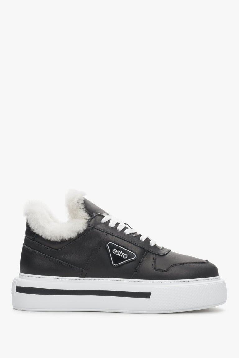 Women's Black Leather Low-Top Sneakers with Fur Lining for Winter Estro ER00111980