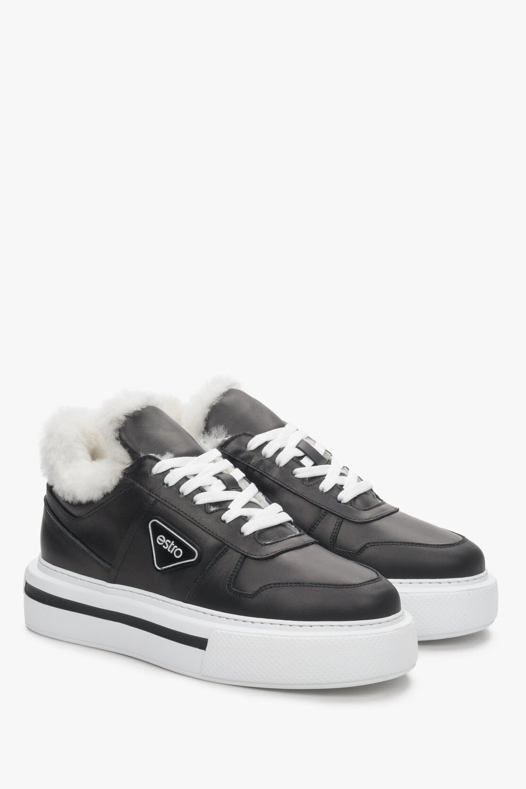 Black, winter women's leather sneakers with insulation by Estro.