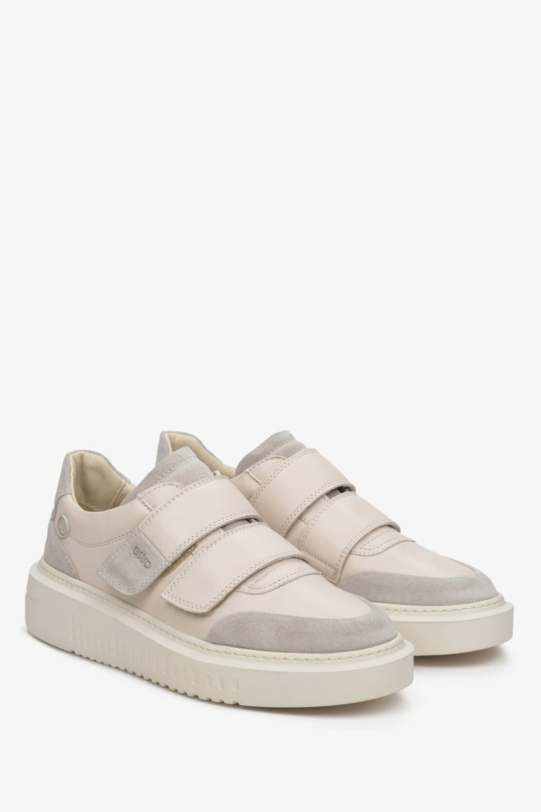 Women's Beige Leather Sneakers with Velcro Fasteners Estro ER00111763.