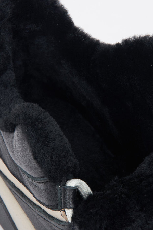 High-top women's sneakers - close-up of the lining made of natural fur.