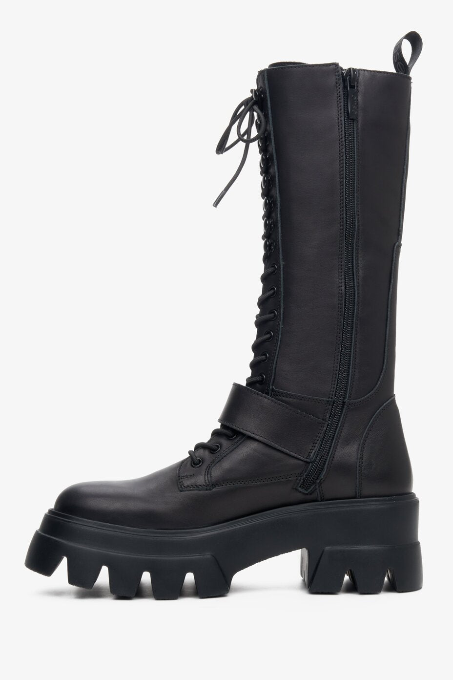 Women's black leather combat boots with laces by Estro.