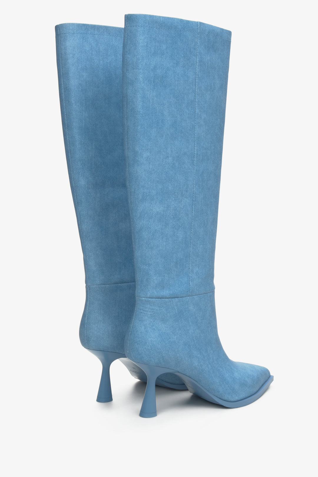 Blue women's boots with a stiletto heel by Estro - close-up on the back of the boot and side seam