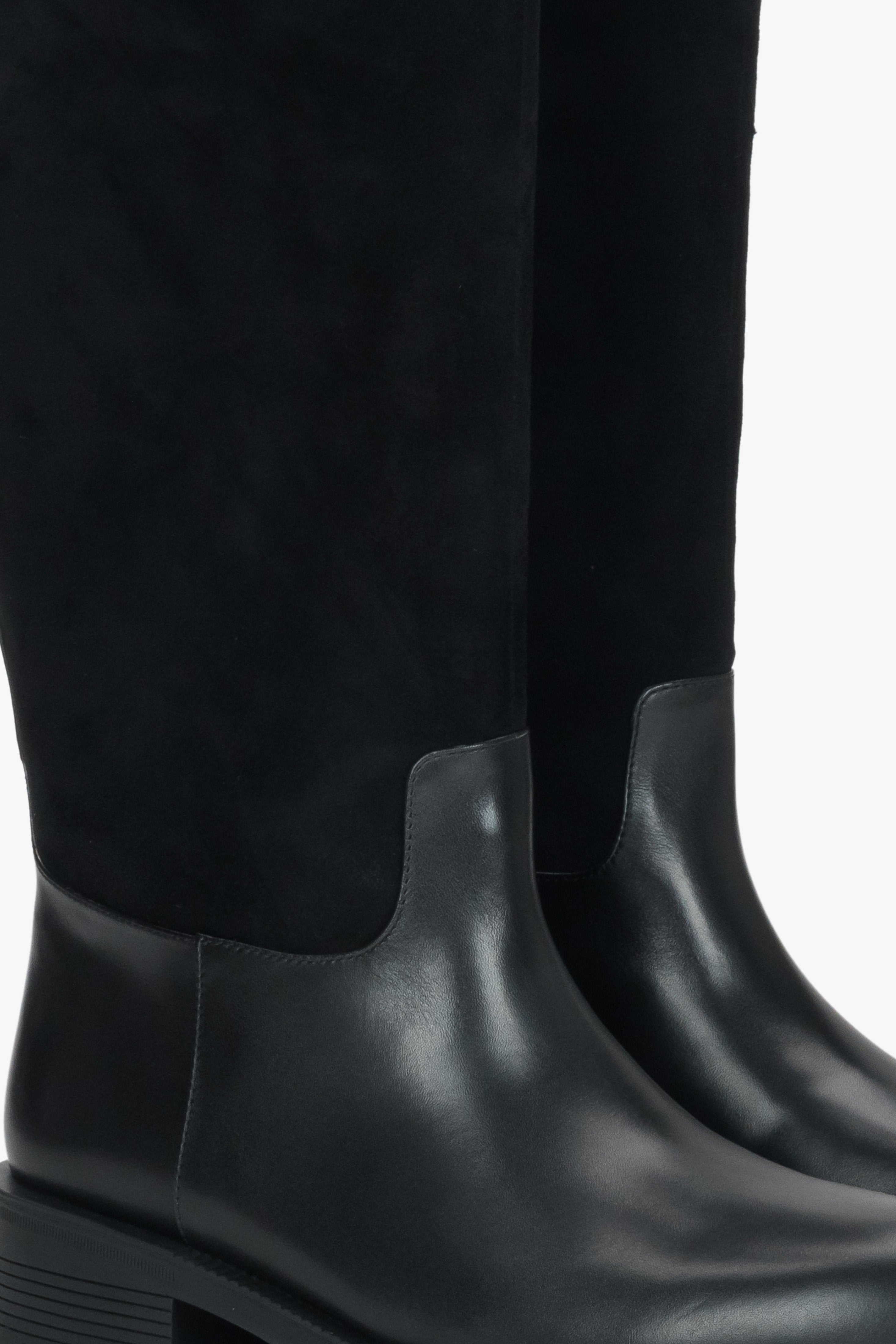 Estro women's  black boots made of genuine leather and velour with a decorative buckle - details.