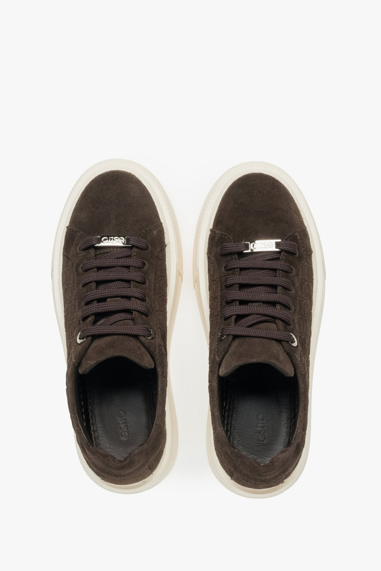 Stylish dark brown women's sneakers made of natural velour by Estro.