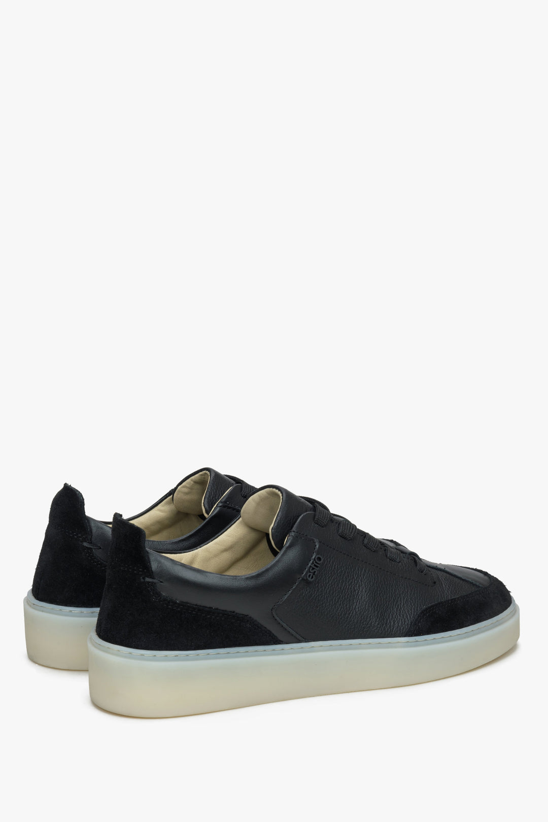 Estro women's black leather-velour sneakers - close-up on the heel counter and side profile.