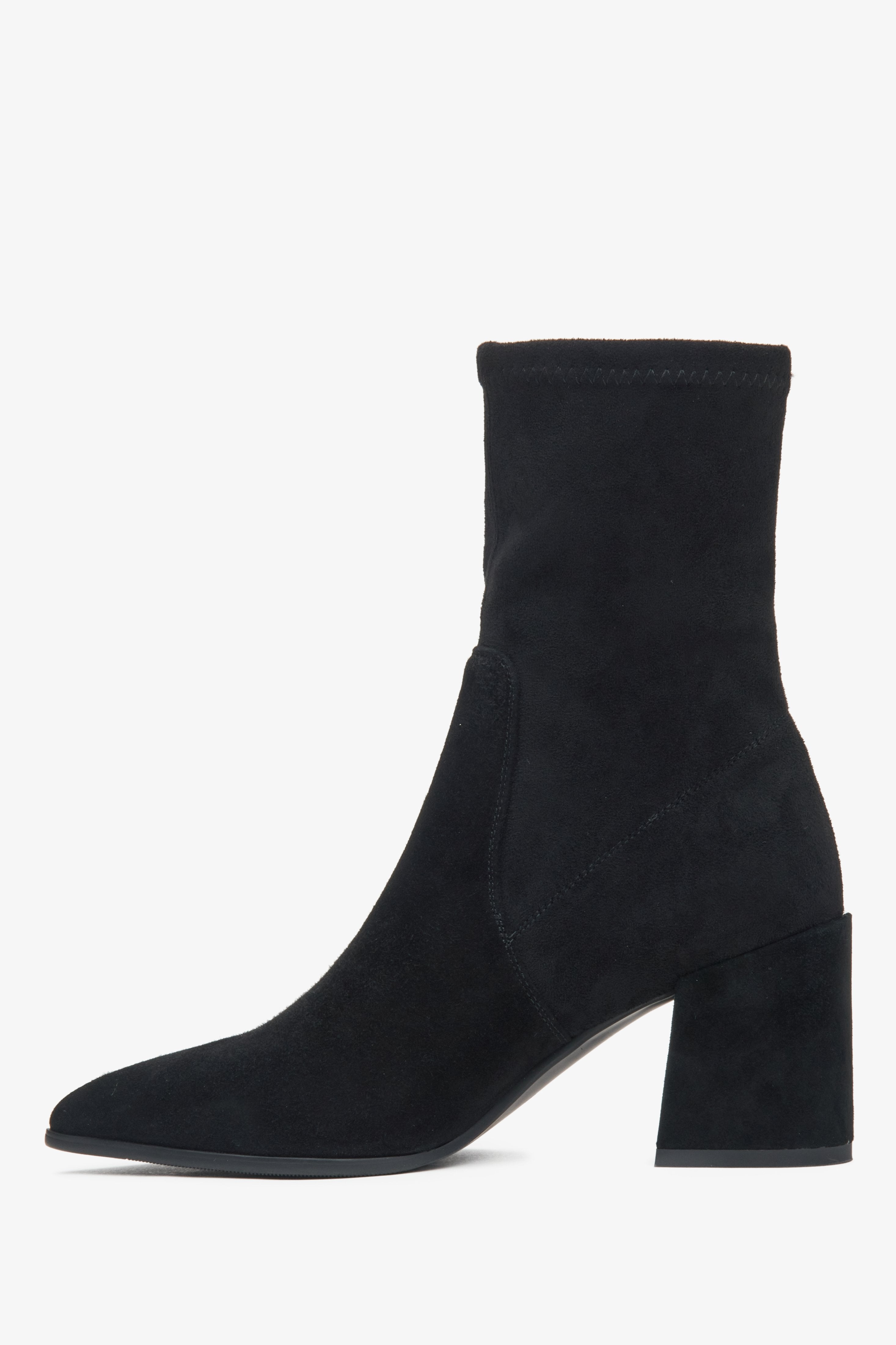 Black women's ankle boots on a block heel with an elastic upper made of genuine velour by Estro - side profile of the shoe