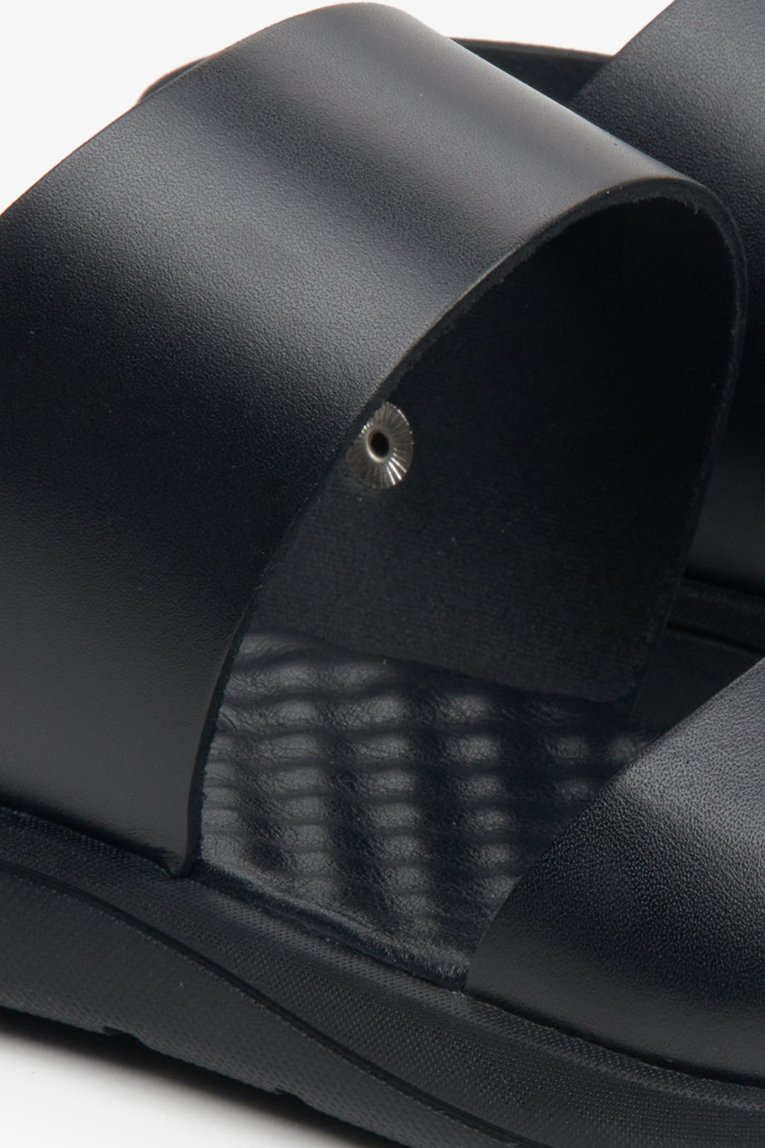 Leather, men's black sandals by Estro - close-up on details.