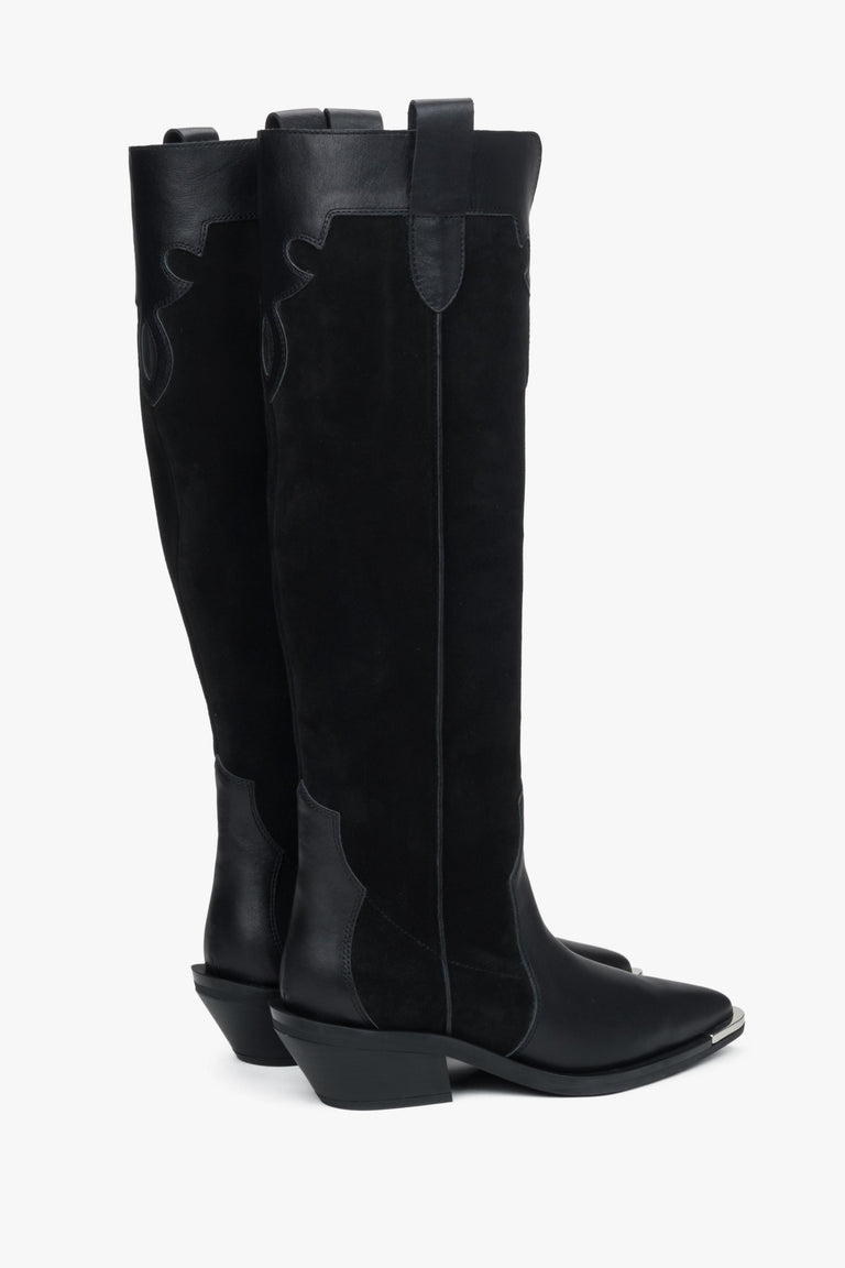 Black velour cowboy boots for women by Estro - close-up of the side line of the boots.