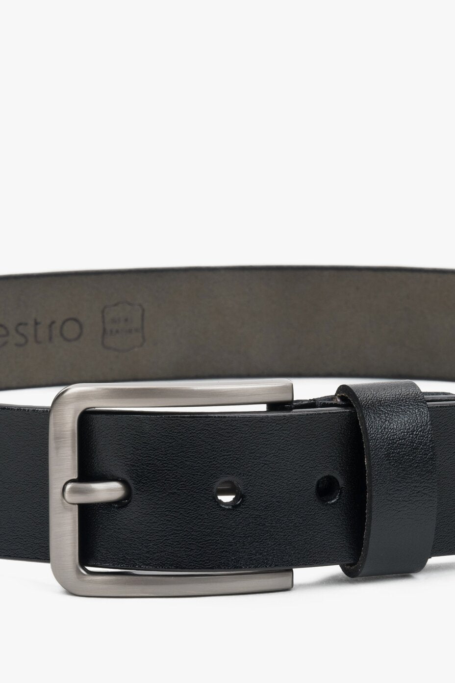 Stylish black men's belt by estro, crafted from high-quality genuine leather and finished with a classic silver buckle.