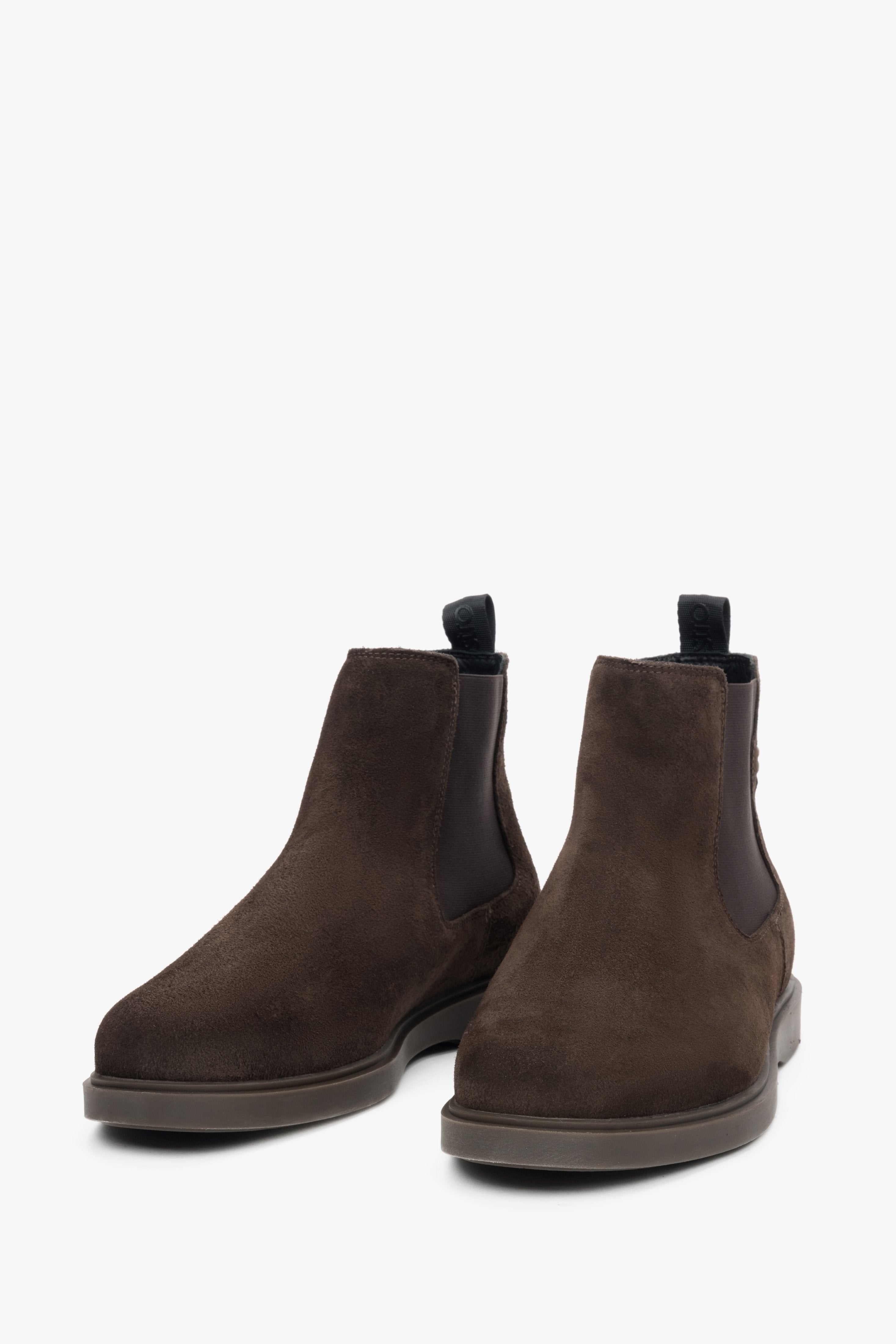 Dark brown men's Chelsea boots made of genuine velour by Estro - front view presentation.