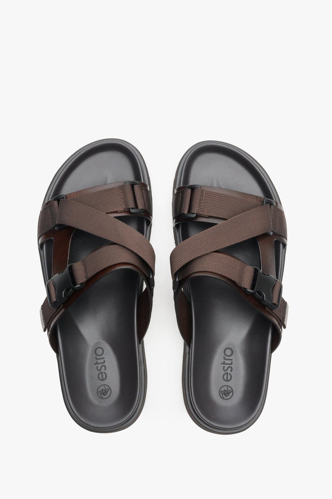 Men's dark brown Estro leather slides made of genuine leather and textiles - top view presentation.