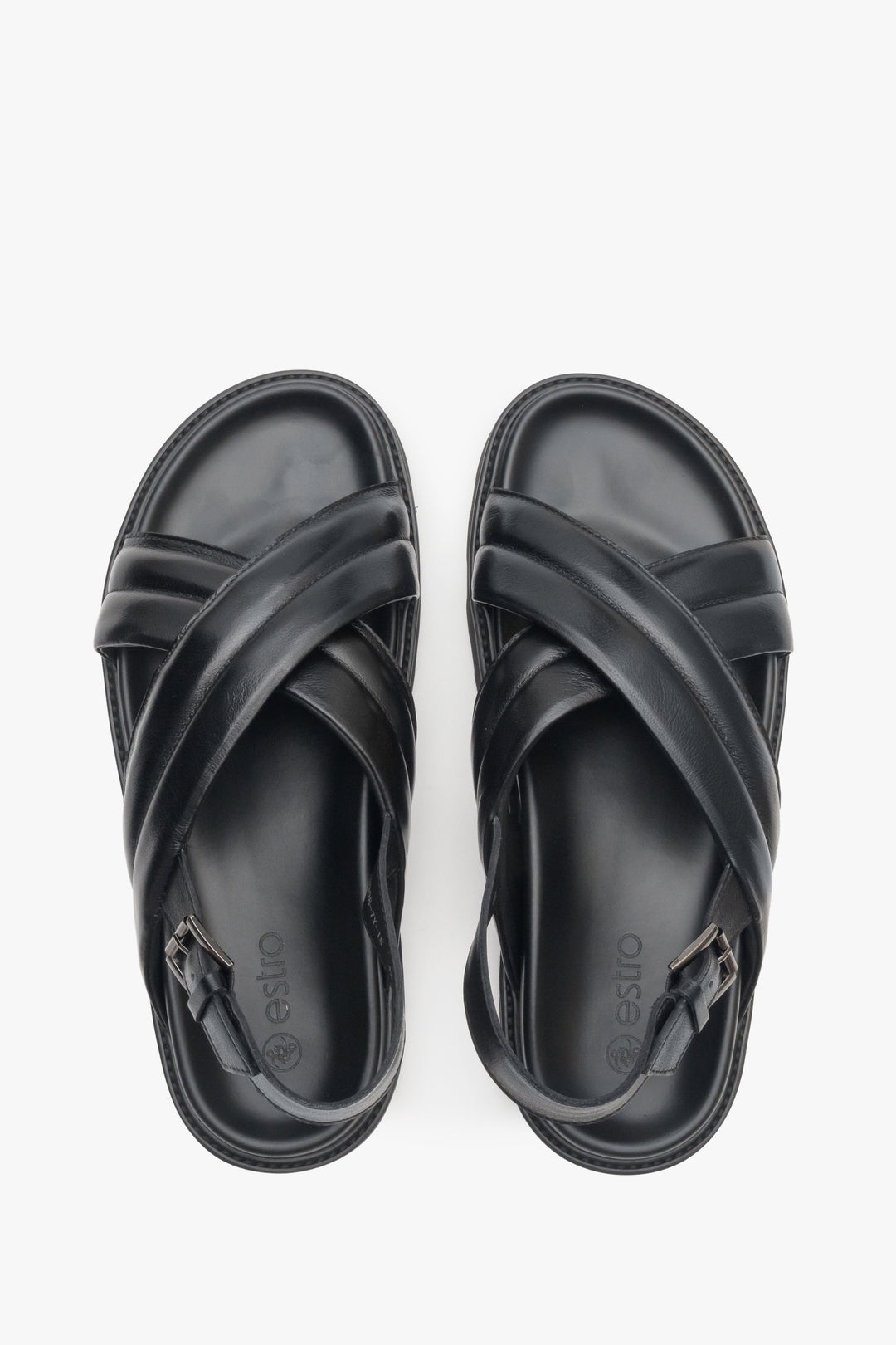Men's black leather  sandals by Estro with a soft sole - top view presentation of the footwear.