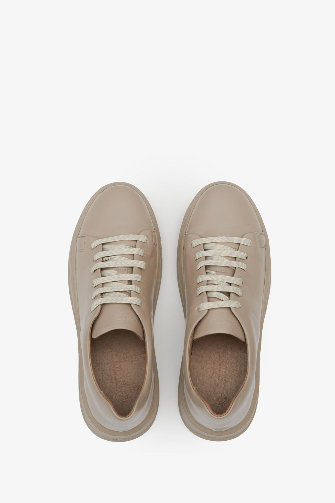 Women's beige sneakers made of genuine leather by Estro - top view presentation of the model.