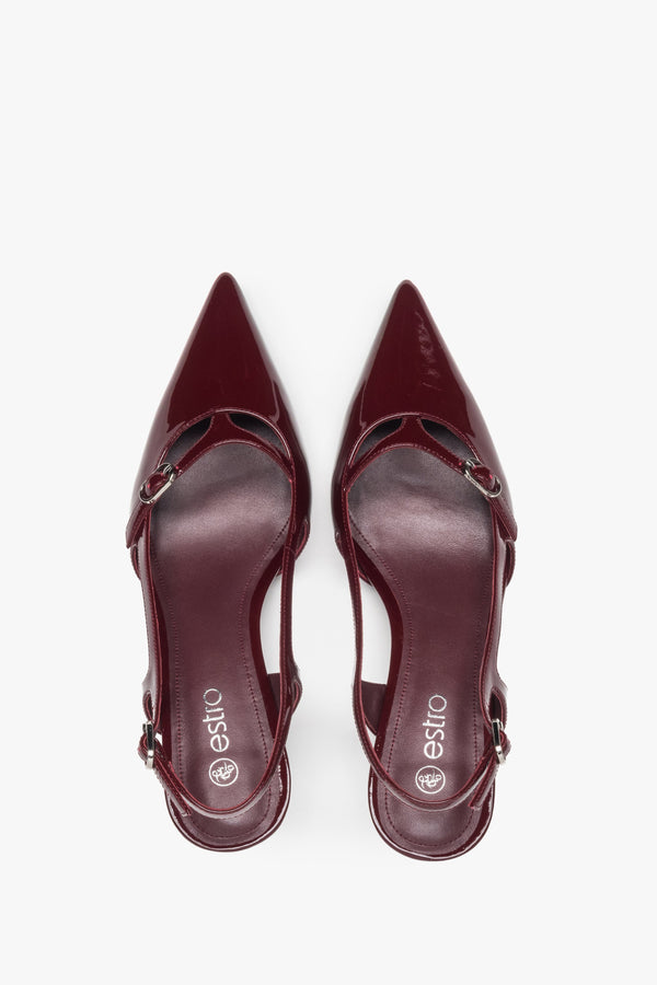 Burgundy Estro slingback sandals with low heels.