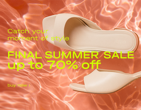 Promotional image of beige high-heeled shoes with a sale text overlay on a textured orange background.