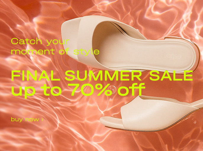 Promotional image of beige high-heeled shoes with a sale text overlay on a textured orange background.