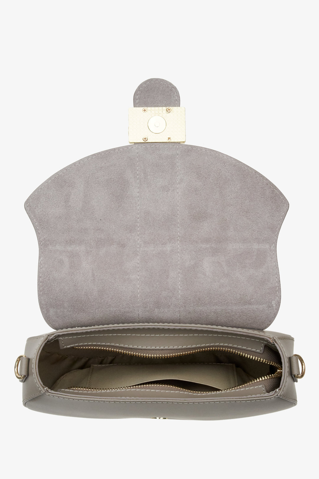 Women's grey leather handbag handmade in Italy - a close-up on bag's compartment.
