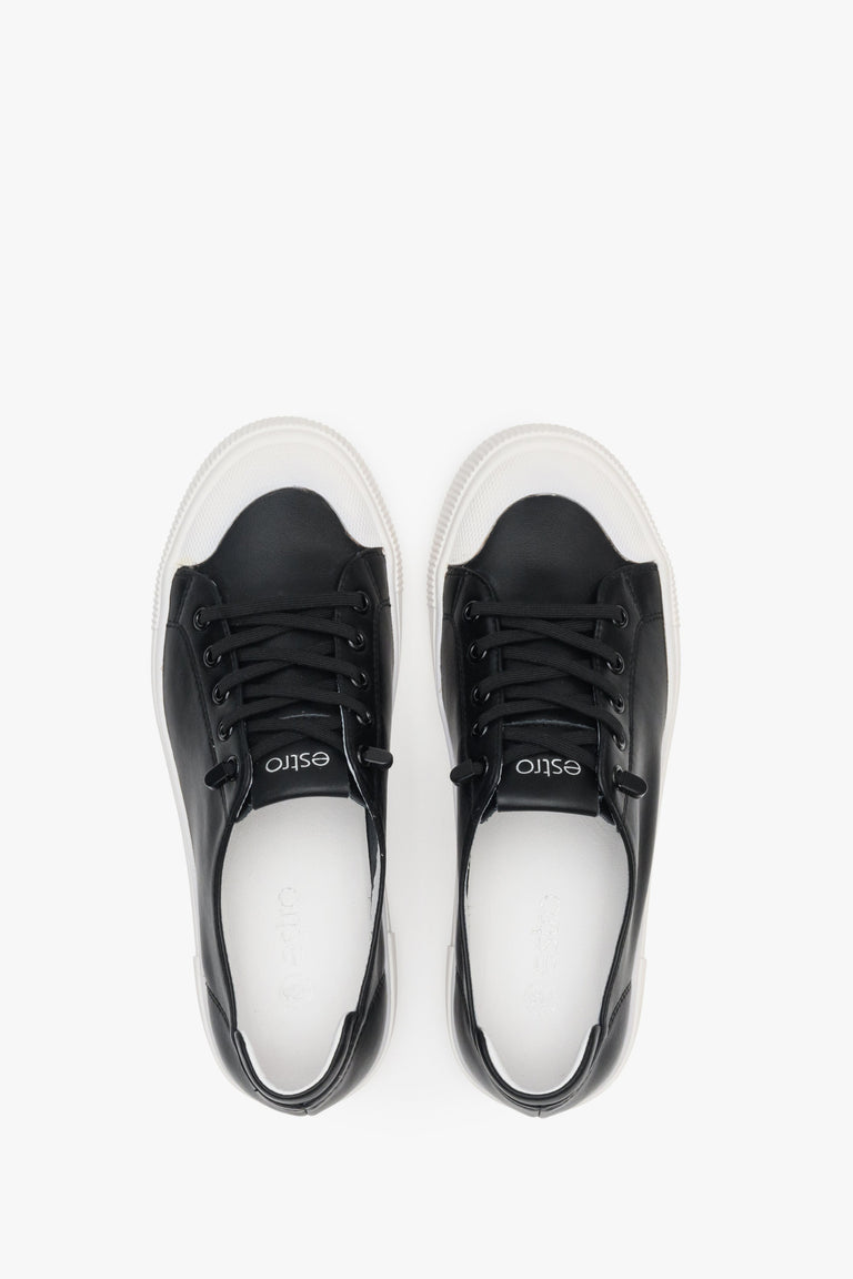 Women's fall black sneakers made of genuine leather by Estro - top view shoe presentation.