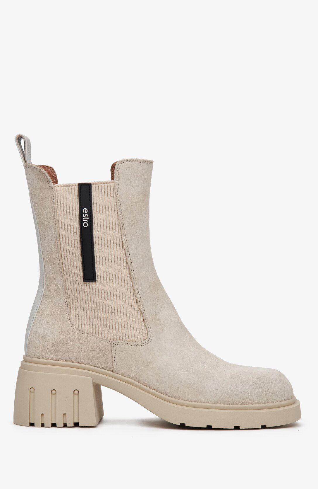 Women's beige high-heeled Chelsea boots - shoe profile.