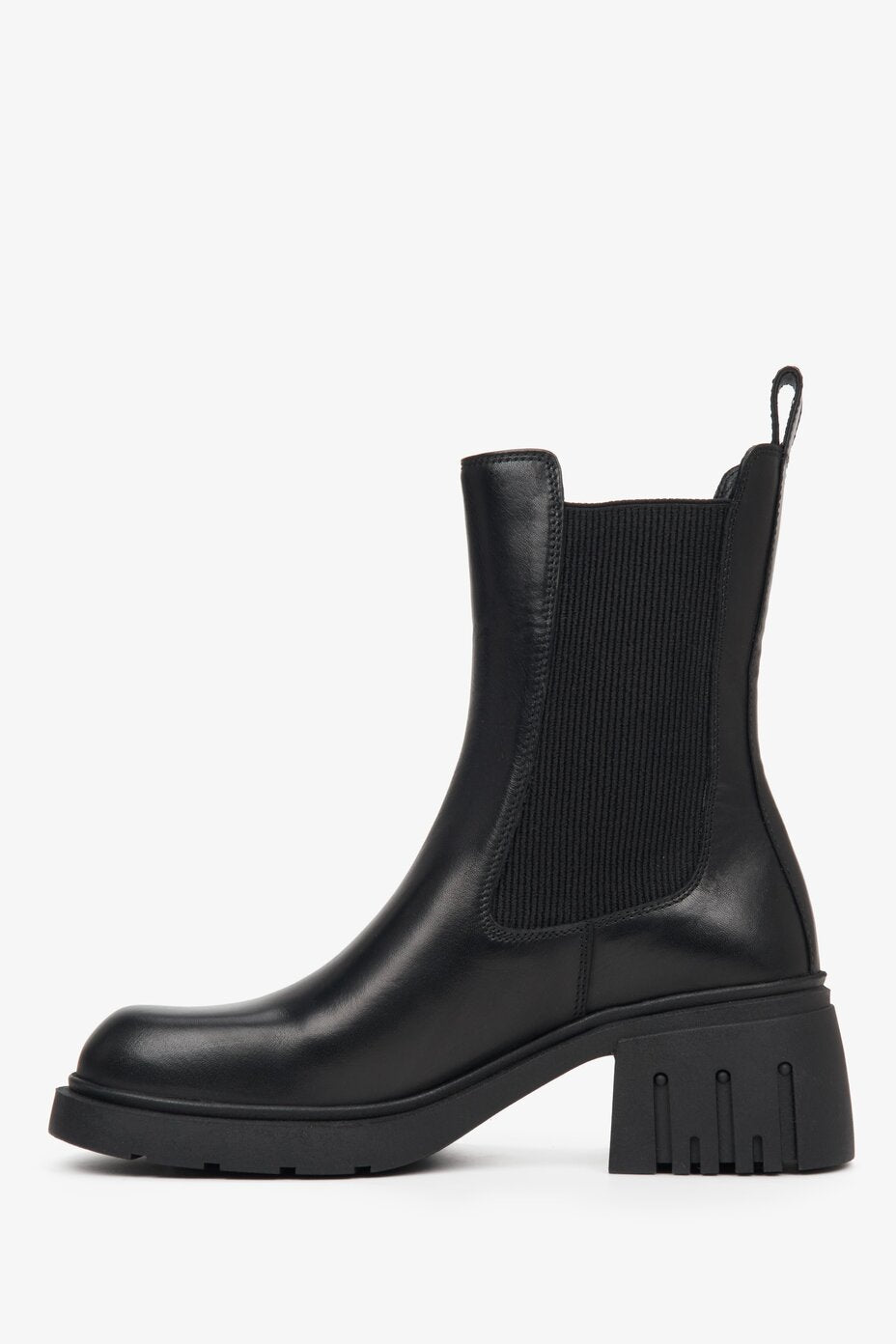 Women's black high-heeled Chelsea boots - shoe profile.