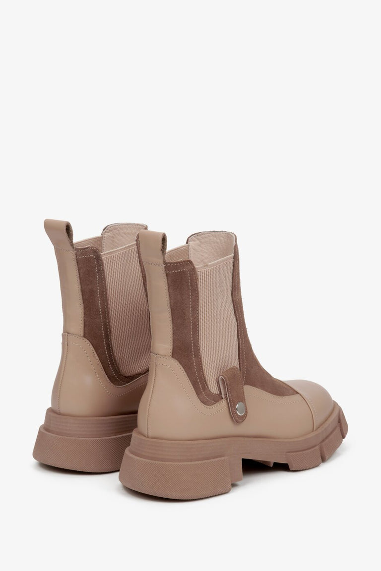 Women's beige suede leather Chelsea boots - close-up of the side and heel lines of the boots.