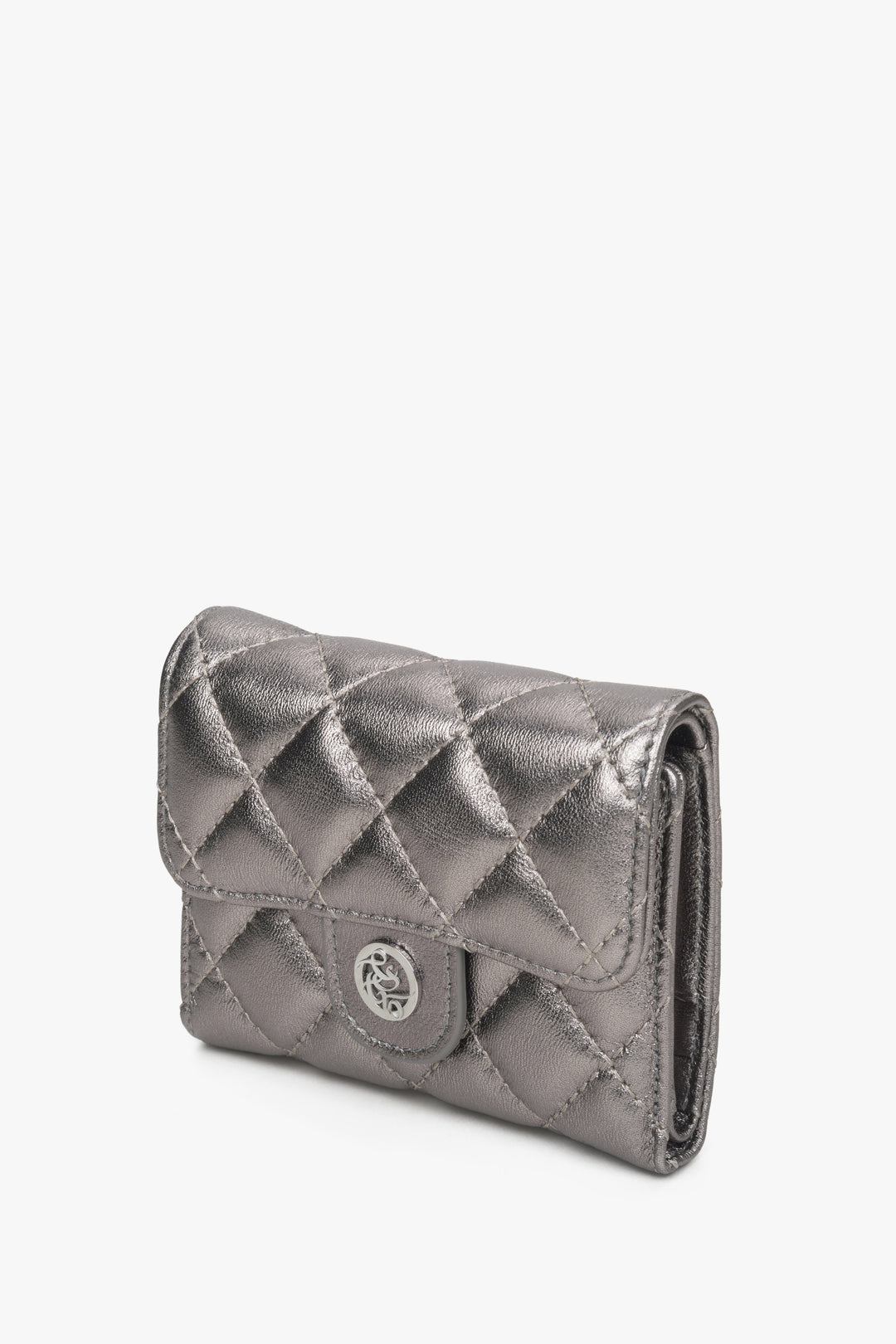 Women's tri-fold silver wallet with embossing.