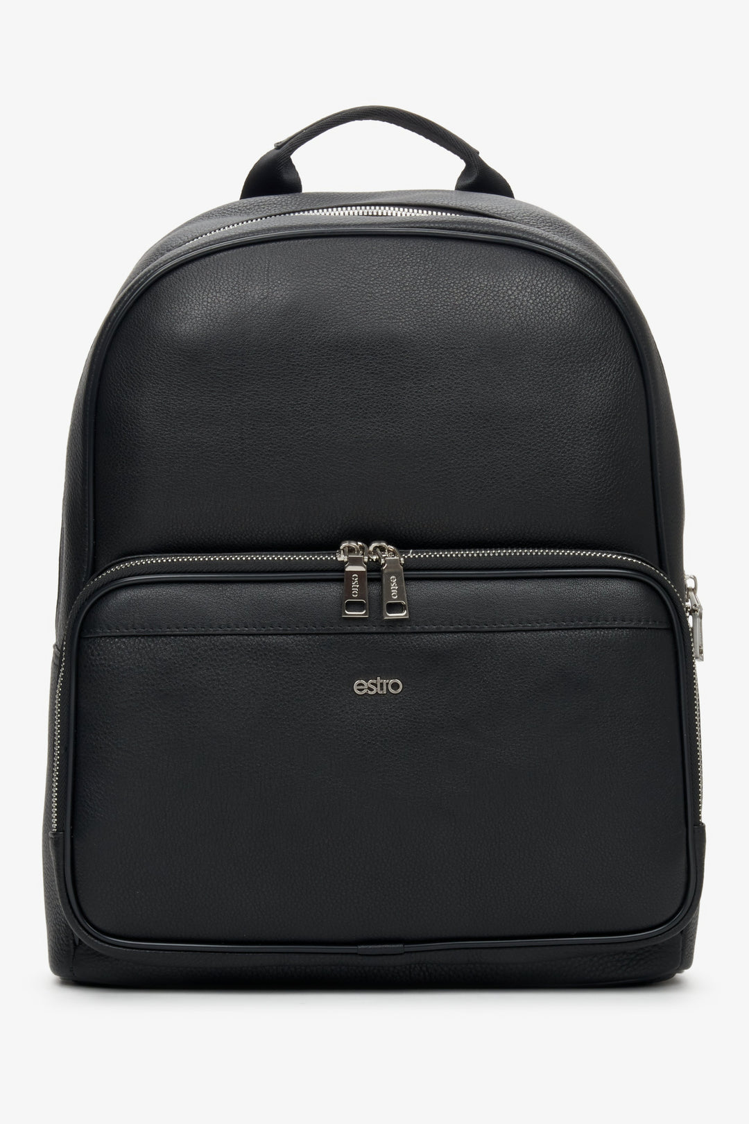 Men's black leather backpack with silver fittings.
