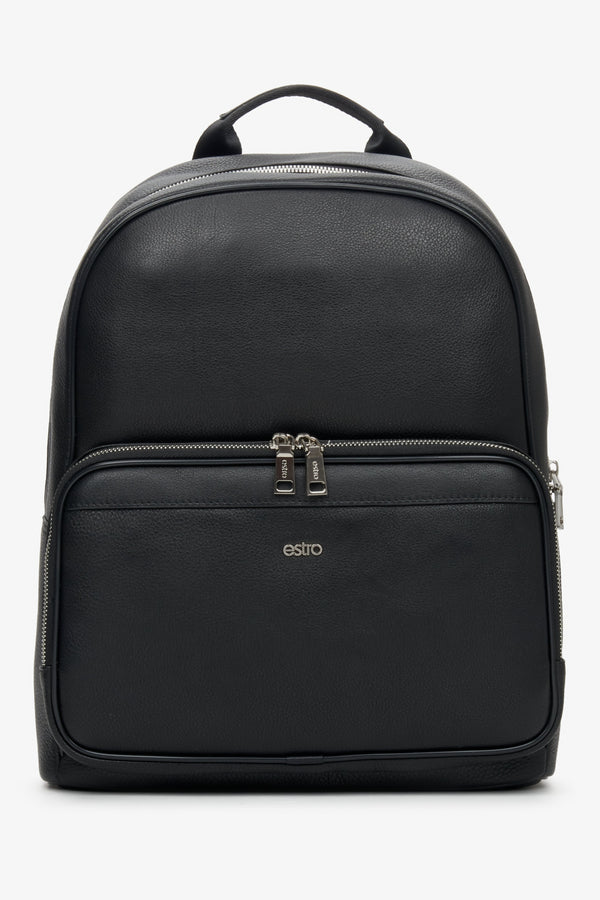 Men's black leather backpack with silver fittings.