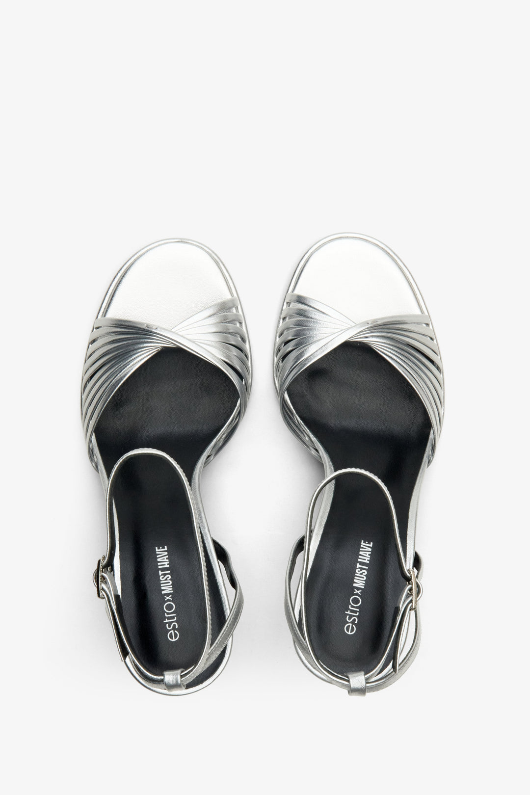 Estro x MustHave silver leather women's sandals made of genuine leather - top view presentation of the footwear.