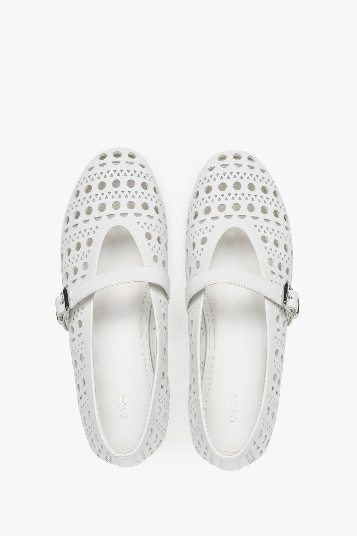Comfortable white perforated Estro women's ballet flats made of genuine leather - top view presentation.