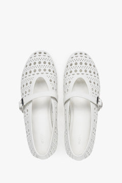 Comfortable white perforated Estro women's ballet flats made of genuine leather - top view presentation.