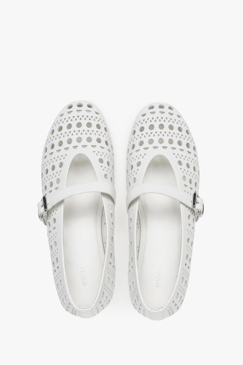 Comfortable white perforated Estro women's ballet flats made of genuine leather - top view presentation.