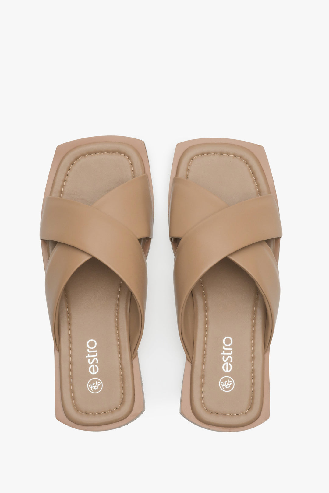 Women's slide sandals made of brown genuine leather Estro - presentation form above.