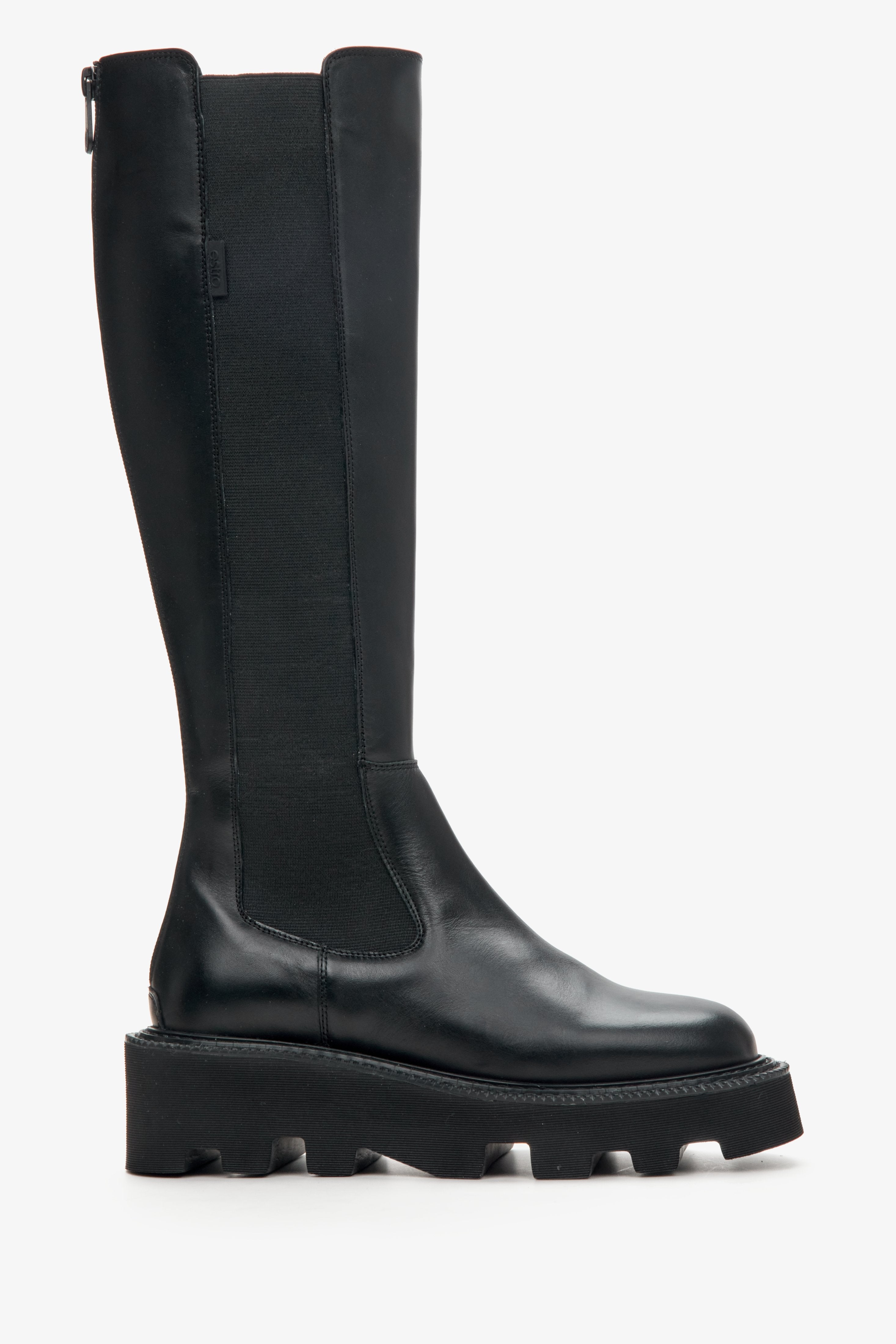 Estro women's black knee-high boots with an elastic shaft - side profile of the boot.