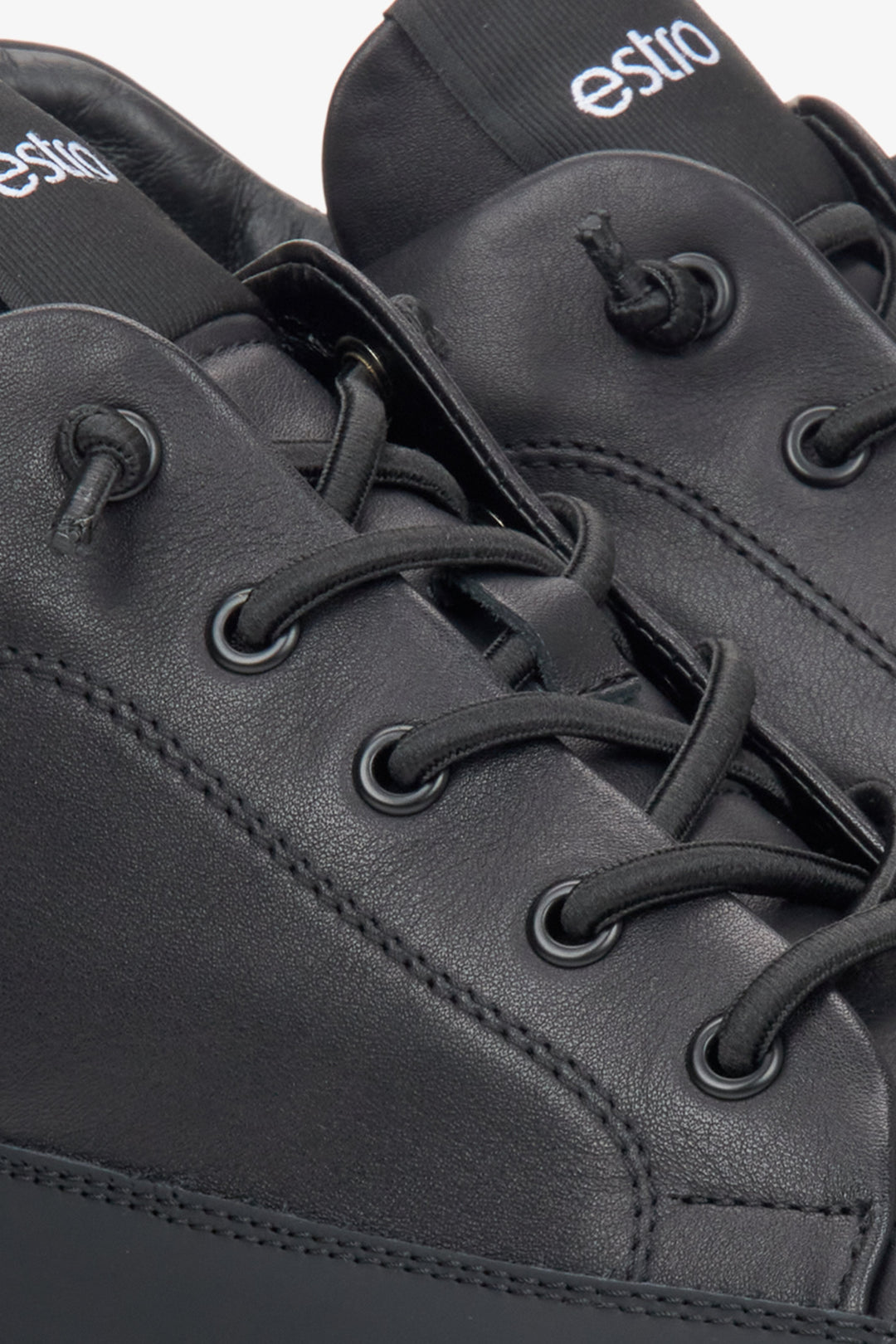 Men's black leather sneakers with insulation by Estro - details.