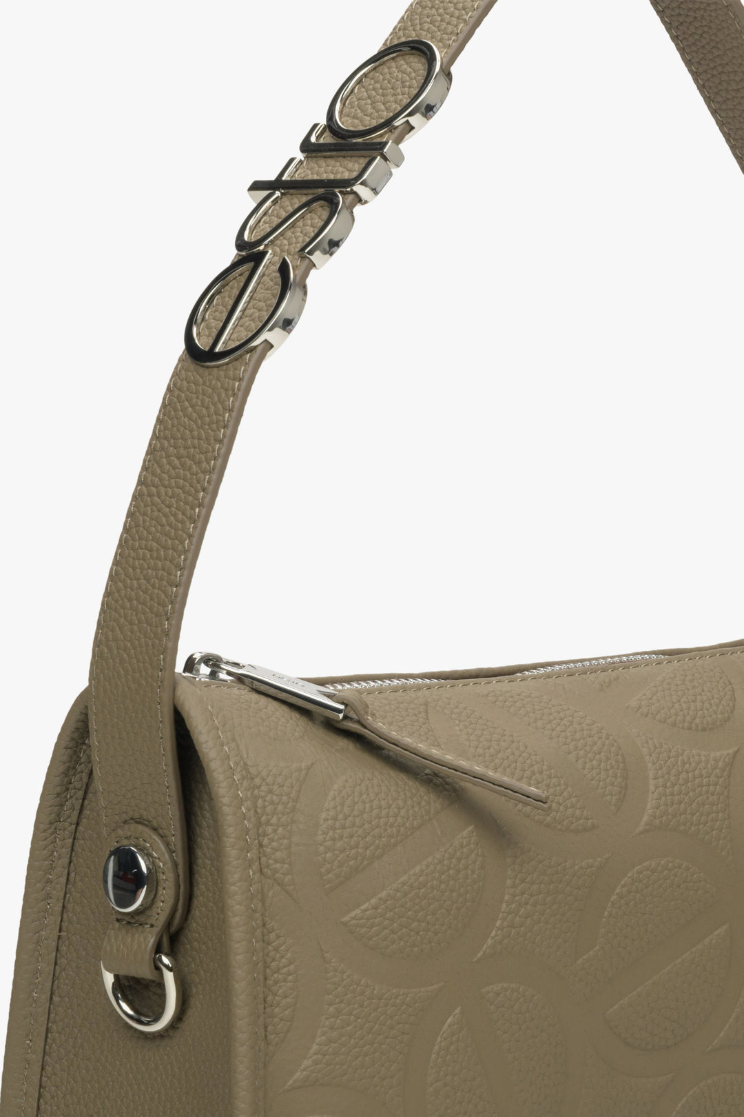 Women's brown and grey shoulder bag - a close-up on details.