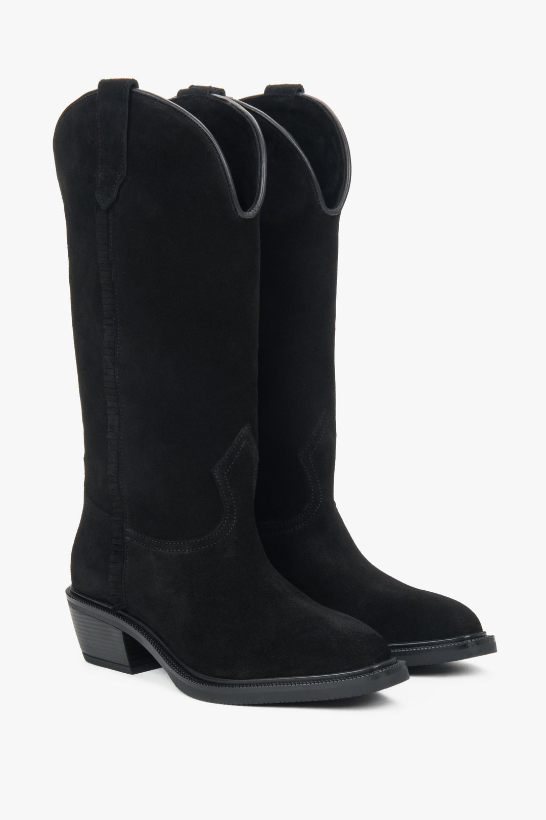 Women's tall black cowboy boots made of premium Italian genuine velour.