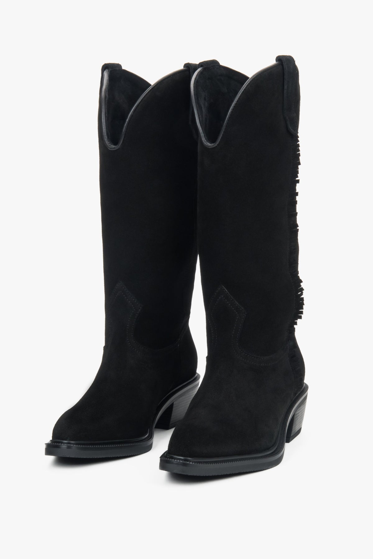 A pair of tall black Western-style boots for women, crafted from premium Italian velour.