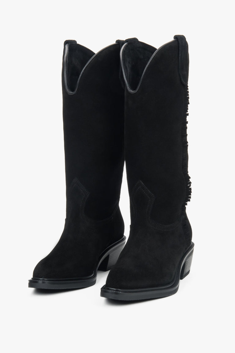 A pair of tall black Western-style boots for women, crafted from premium Italian velour.