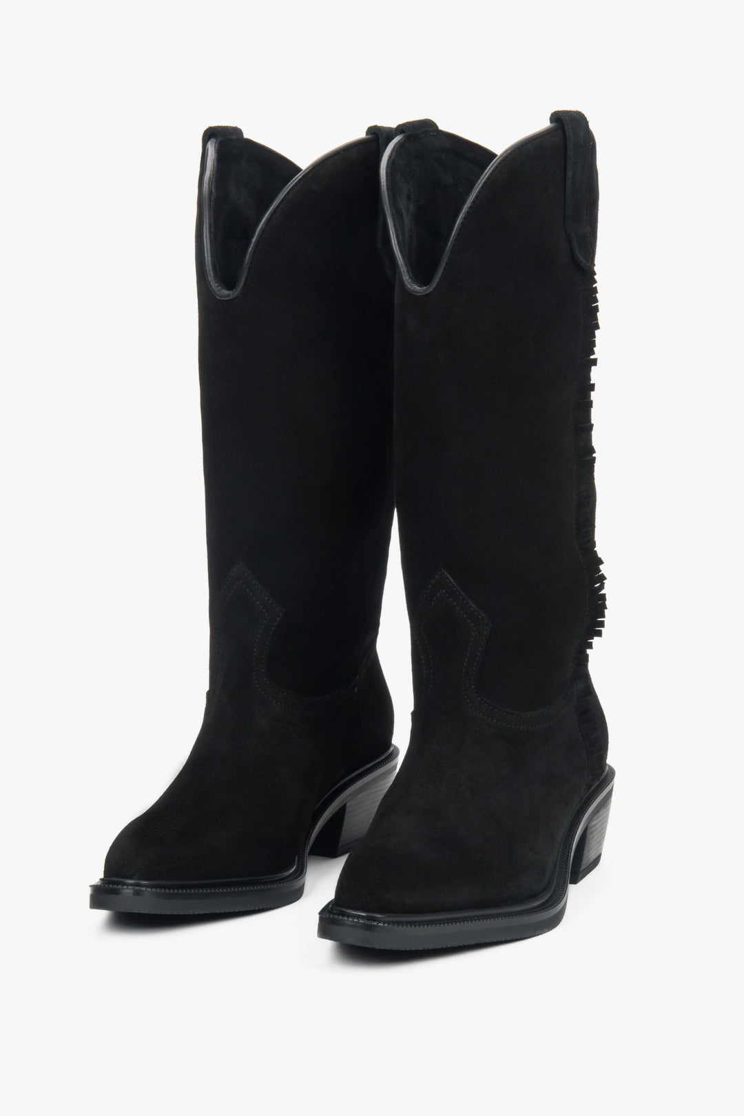 A pair of tall black Western-style boots for women, crafted from premium Italian velour.
